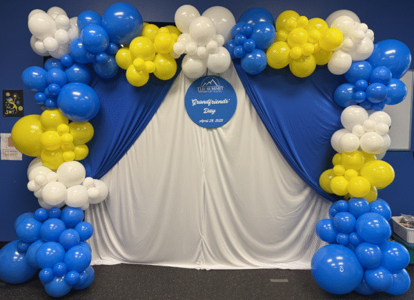 photo backdrop with blue, white and yellow balloon garland