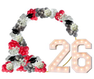 The Signature Grad Ring: Circle Arch, Balloon Garlands and '26' Marquee Lights