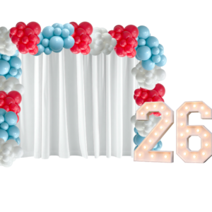 The Ultimate Grad Glow Package: Curtain Backdrop, Balloon Garlands and '26' Marquee Lights