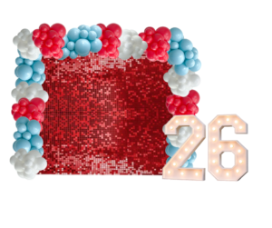 The Luxe Grad Glow Package: Shimmer Wall Backdrop, Balloon Garlands and '26' Marquee Lights