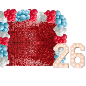 The Luxe Grad Glow Package: Shimmer Wall Backdrop, Balloon Garlands and '26' Marquee Lights